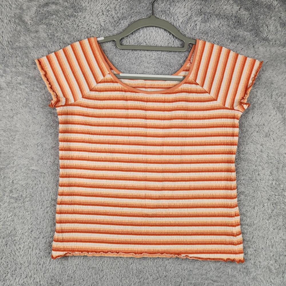 Vintage 90s Striped Cropped Shirt Womens Medium Orange Stretch Lettuce Hem Y2k